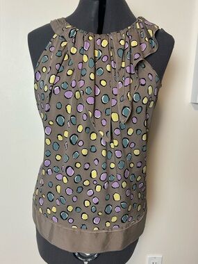 BCBGMAXAZRIA Silk Polka Dot Sleeveless Blouse Taupe Pastel Print Tie Back Medium